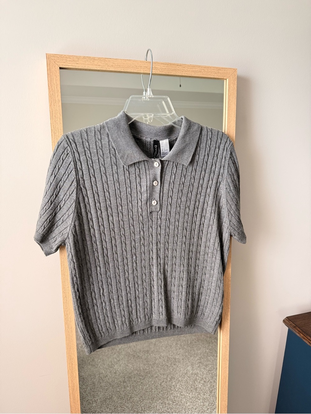 Divided Gray Cable-Knit Polo Top